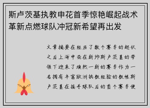 斯卢茨基执教申花首季惊艳崛起战术革新点燃球队冲冠新希望再出发
