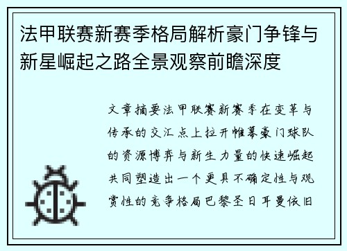法甲联赛新赛季格局解析豪门争锋与新星崛起之路全景观察前瞻深度