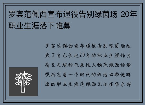 罗宾范佩西宣布退役告别绿茵场 20年职业生涯落下帷幕